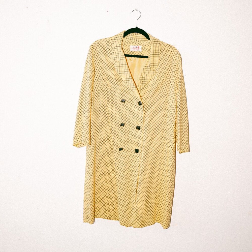 Vintage Butter Yellow Grid-Print Caron Chicago Long Coat w/ Pyramid Buttons